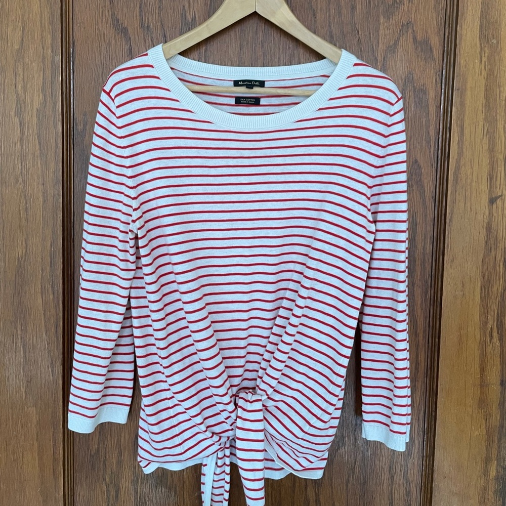 MASSIMO DUTTI Cream and Red Striped Sweater with front tie
